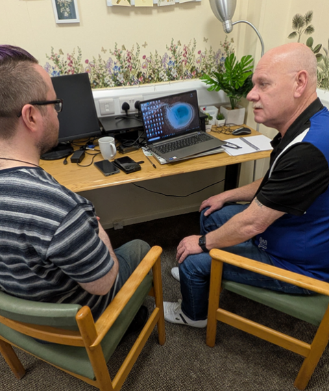 Welfare Rights Advisor, Duncan advising a client in the CVSCE office in Crewe Welfare Rights Advisor, Duncan advising a client in the CVSCE office in Crewe